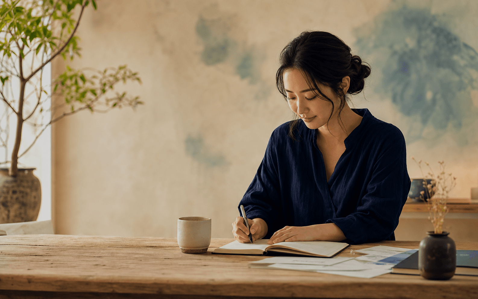 Người đang viết trong không gian sáng tự nhiên